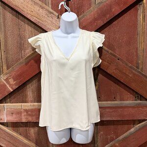 Express Gramercy Satin Top Womens Small Off- White V-Neck Ruffle Sleeve Career